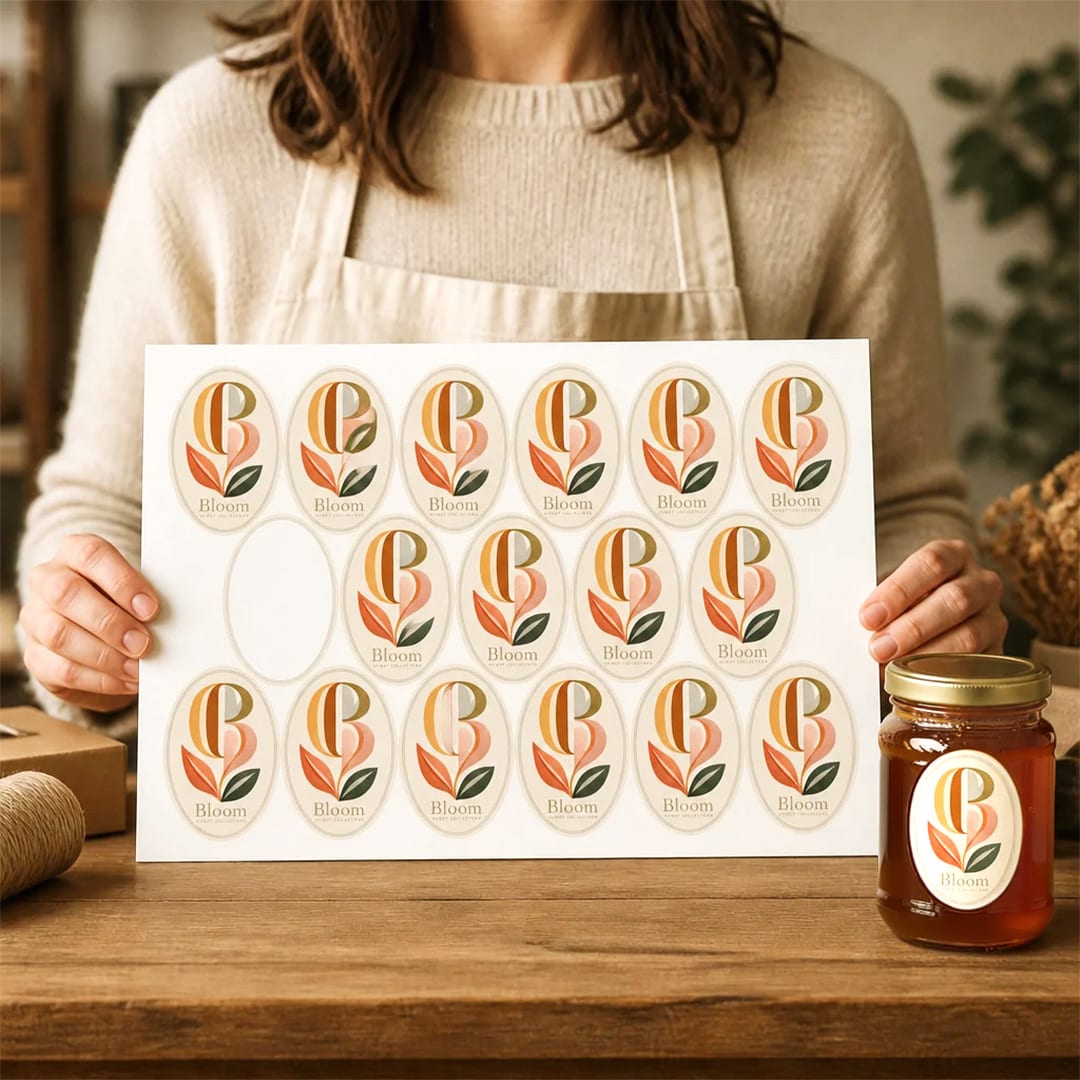 Custom sticker sheet held in hand beside honey packaging Custom sticker sheet held in hand beside honey packaging